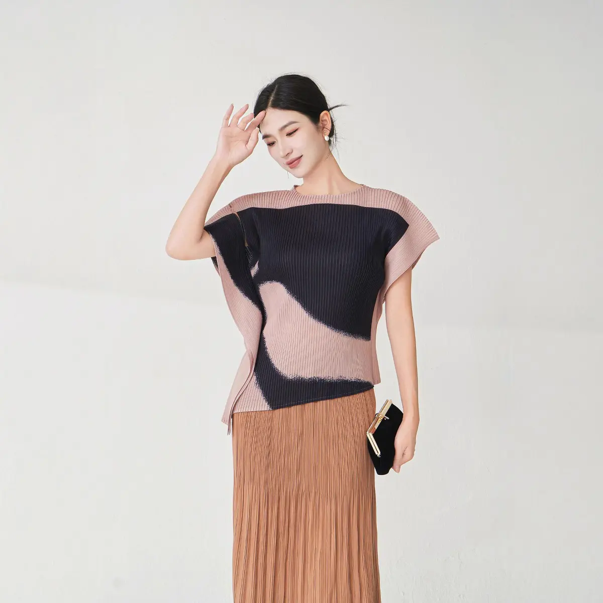 LANMREM Niche Colorblock Printting Irregular Pleated Women's T-Shirt High-End Chic New Loose Short Sleeve Summer Top 2DB395405