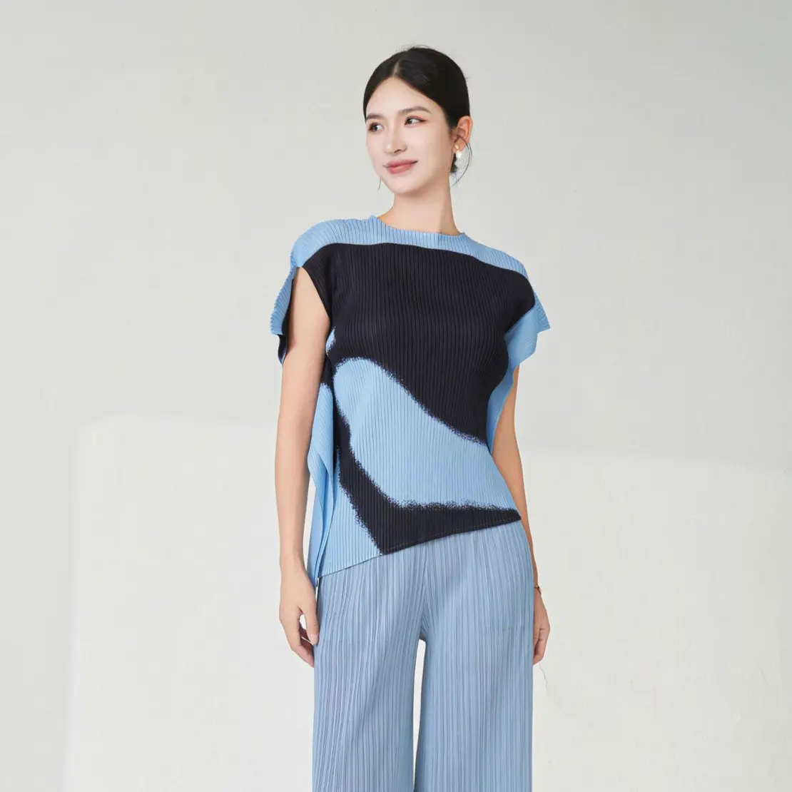 LANMREM Niche Colorblock Printting Irregular Pleated Women's T-Shirt High-End Chic New Loose Short Sleeve Summer Top 2DB395405