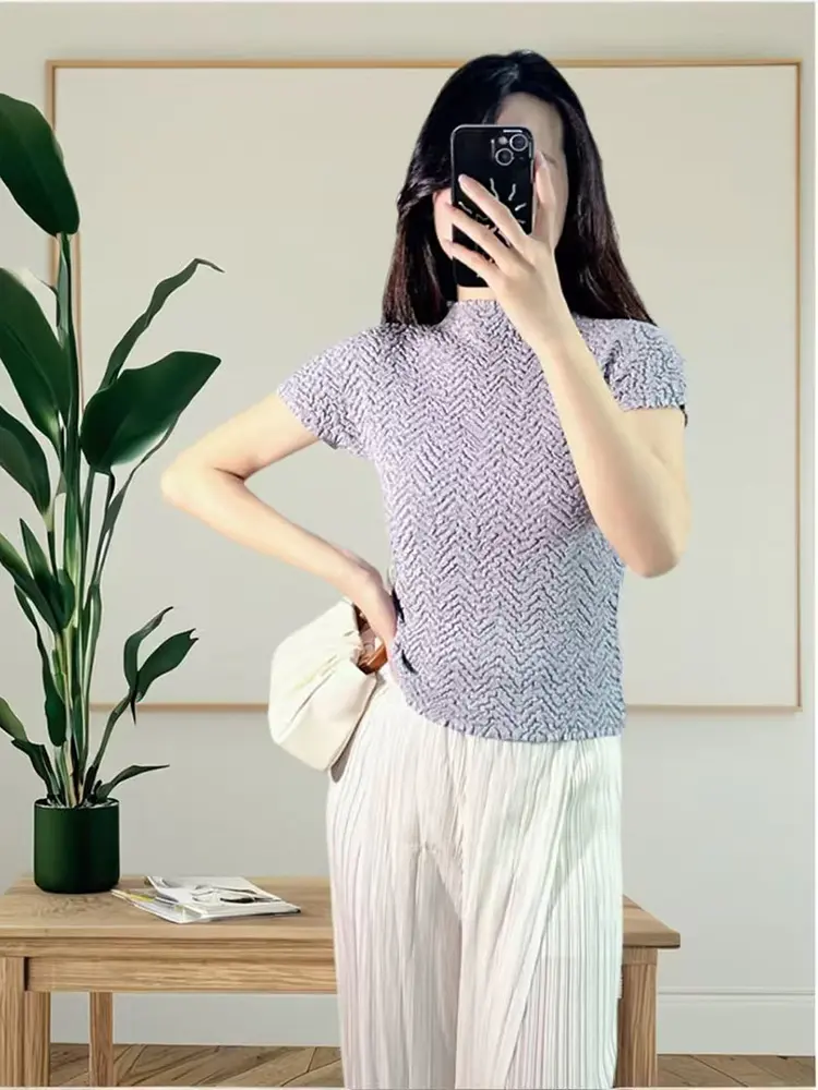 LANMREM 2025 Summer New Fashionable Stand Collar Pleated Texture Chic Short Sleeve T-shirt For Women Ealstic Slim Top 2DB3417