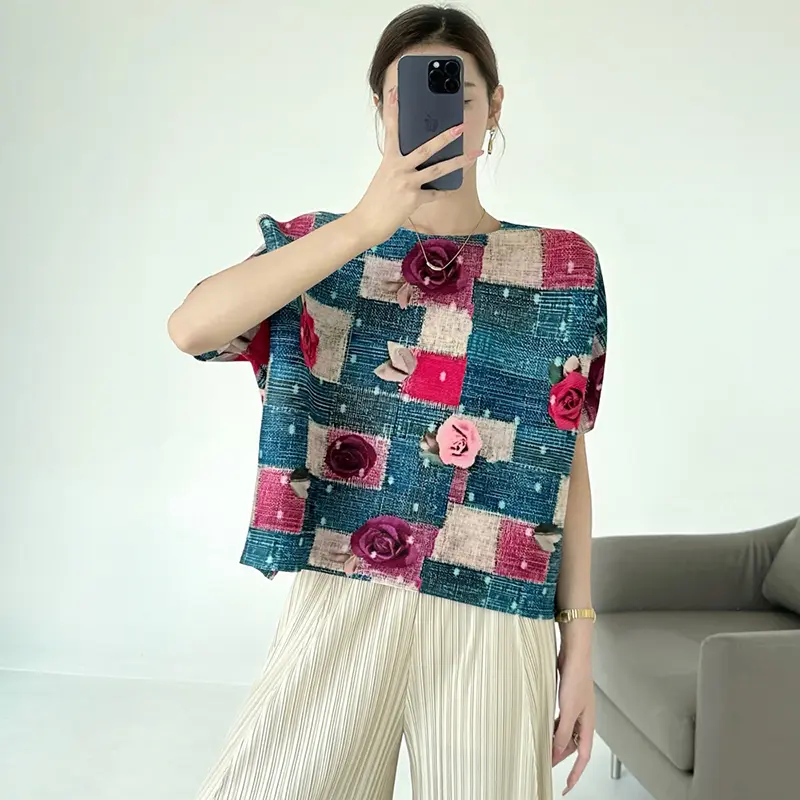 LANMREM Pleated Print Summer Women's T-Shirt Fashion Loose Elegant Versatile Floral 2025 New Pullover Short Sleeve Top 2DB3811