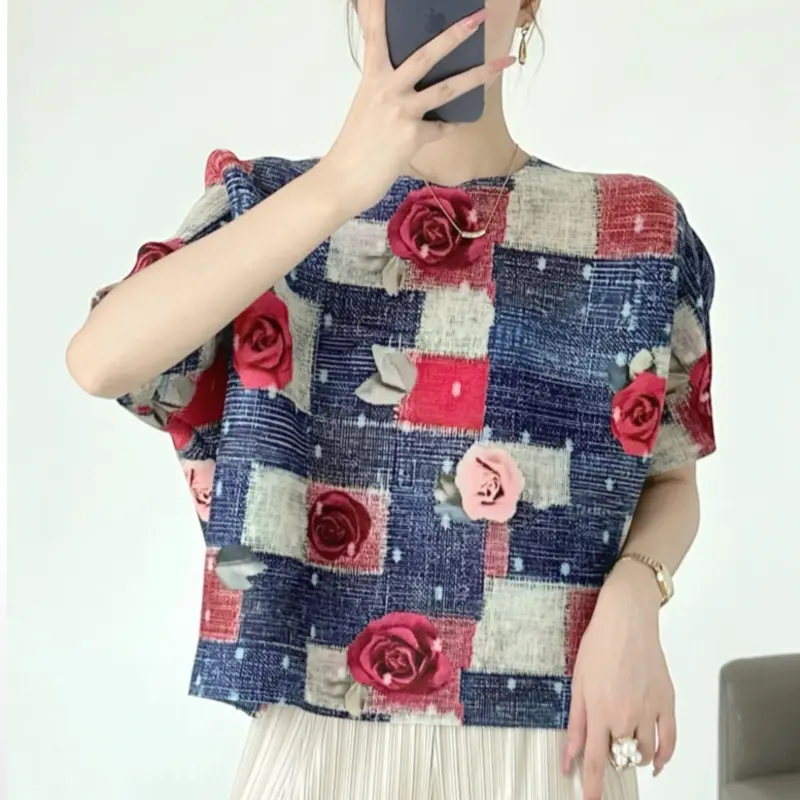 LANMREM Pleated Print Summer Women's T-Shirt Fashion Loose Elegant Versatile Floral 2025 New Pullover Short Sleeve Top 2DB3811