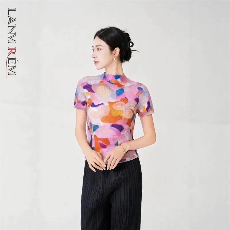LANMREM Pleated Short Sleeve Women's T-Shirt Summer Lightweight Breathable Printed Basic Elastic Slim Fashion Chic Top 2DB4077