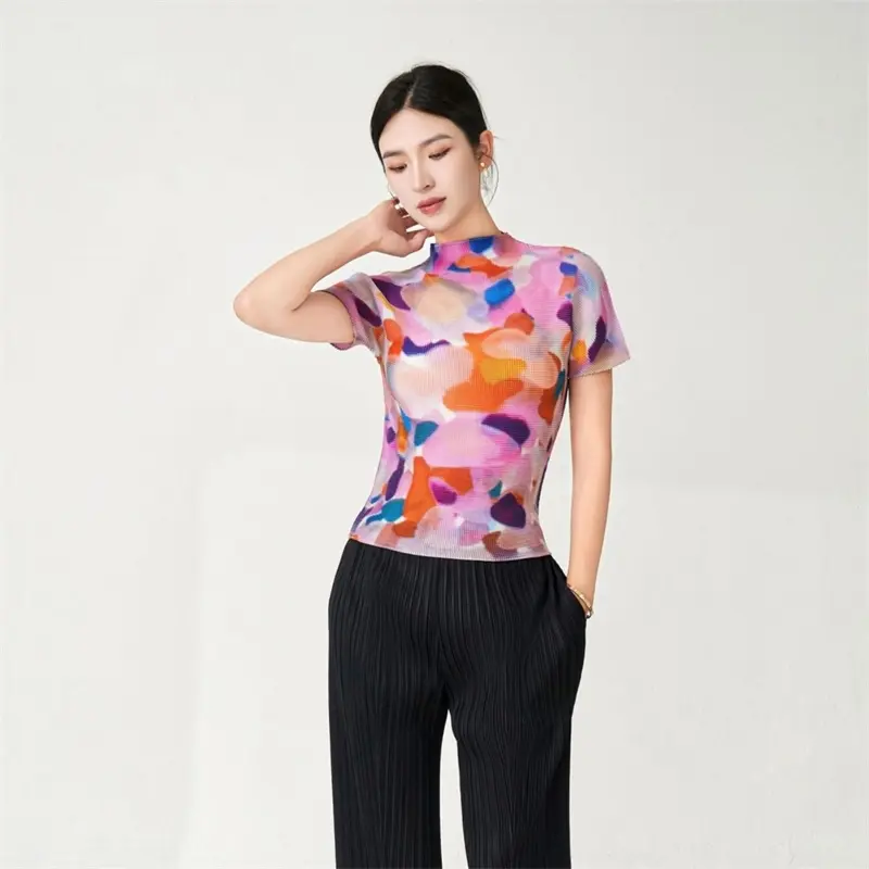 LANMREM Pleated Short Sleeve Women's T-Shirt Summer Lightweight Breathable Printed Basic Elastic Slim Fashion Chic Top 2DB4077