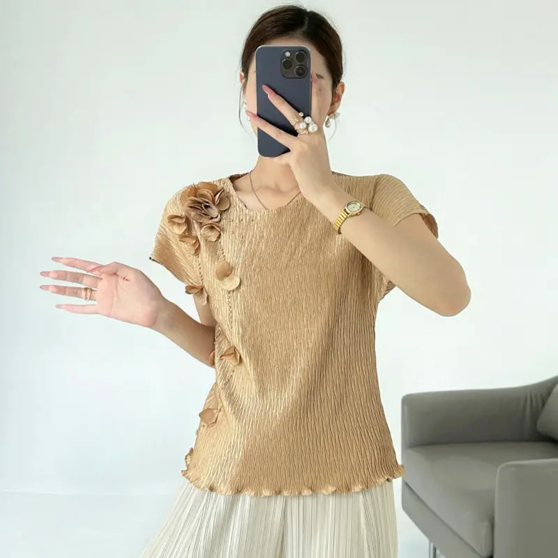 LANMREM Pleated Summer New High-End Embroidered Women's T-Shirt Beaded Short Sleeve Niche Ruffled Elegant Pullover Top 2DB3790