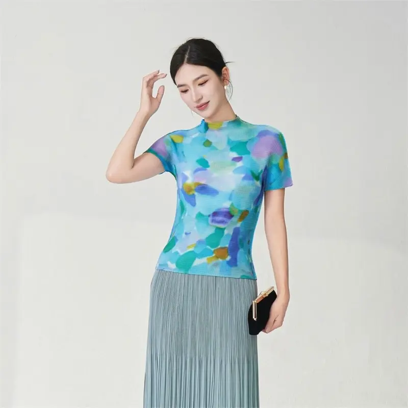 LANMREM Pleated Short Sleeve Women's T-Shirt Summer Lightweight Breathable Printed Basic Elastic Slim Fashion Chic Top 2DB4077