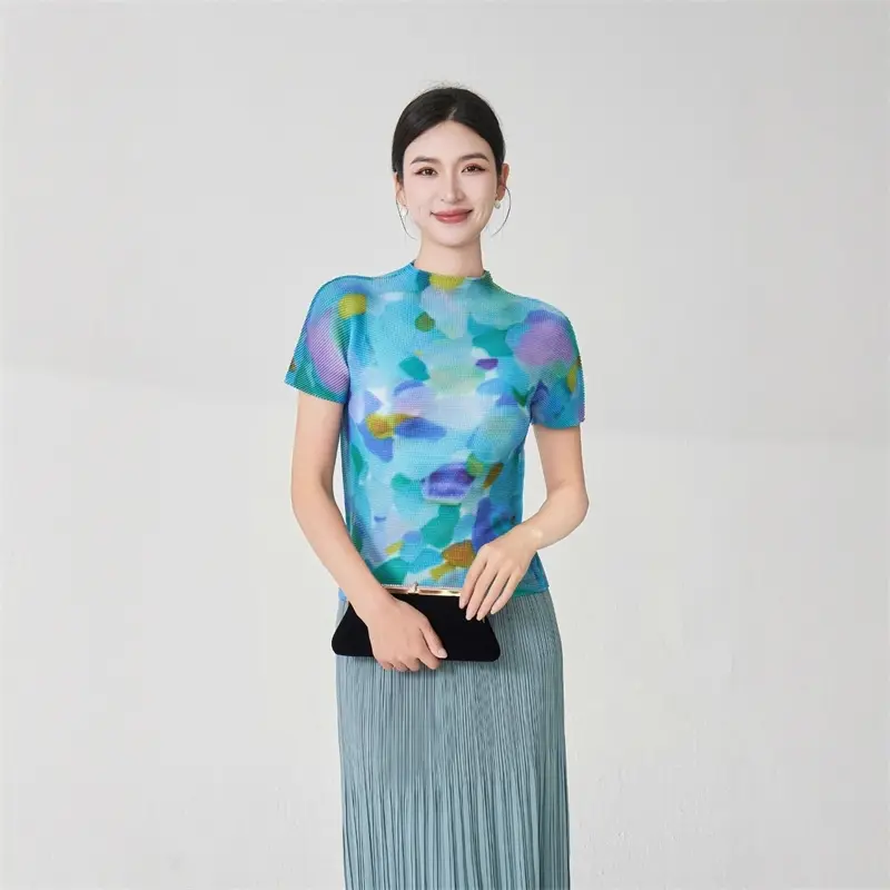 LANMREM Pleated Short Sleeve Women's T-Shirt Summer Lightweight Breathable Printed Basic Elastic Slim Fashion Chic Top 2DB4077