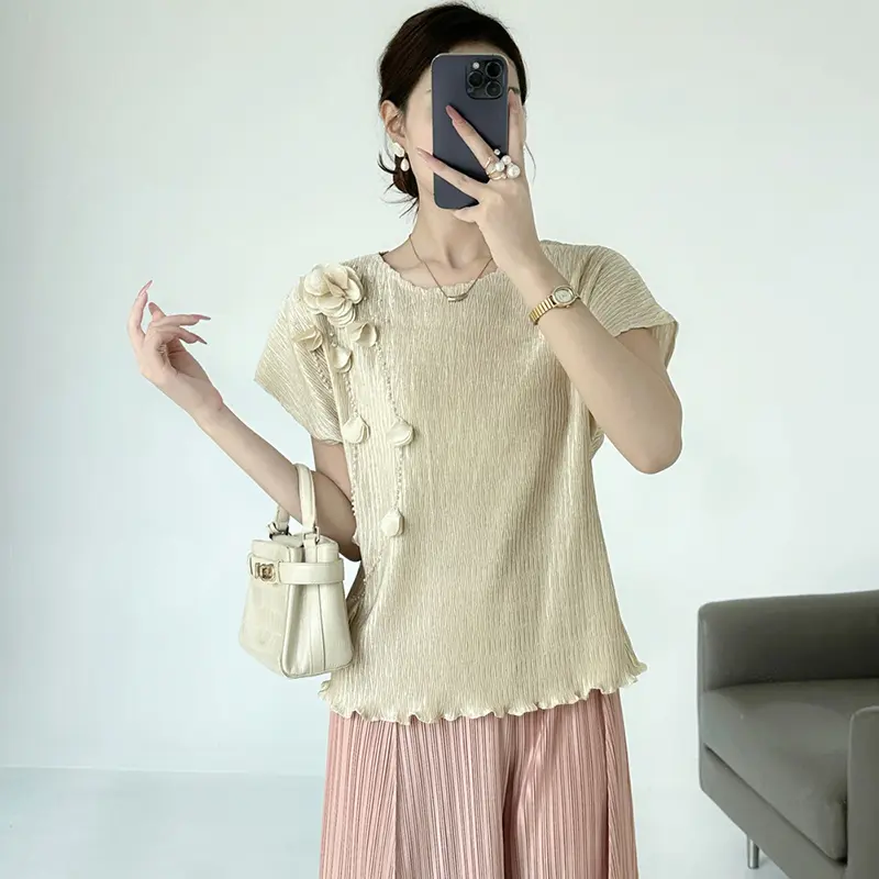LANMREM Pleated Summer New High-End Embroidered Women's T-Shirt Beaded Short Sleeve Niche Ruffled Elegant Pullover Top 2DB3790