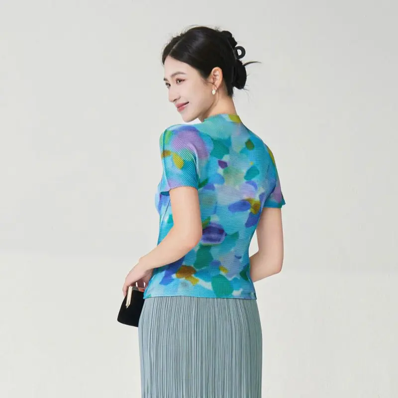 LANMREM Pleated Short Sleeve Women's T-Shirt Summer Lightweight Breathable Printed Basic Elastic Slim Fashion Chic Top 2DB4077