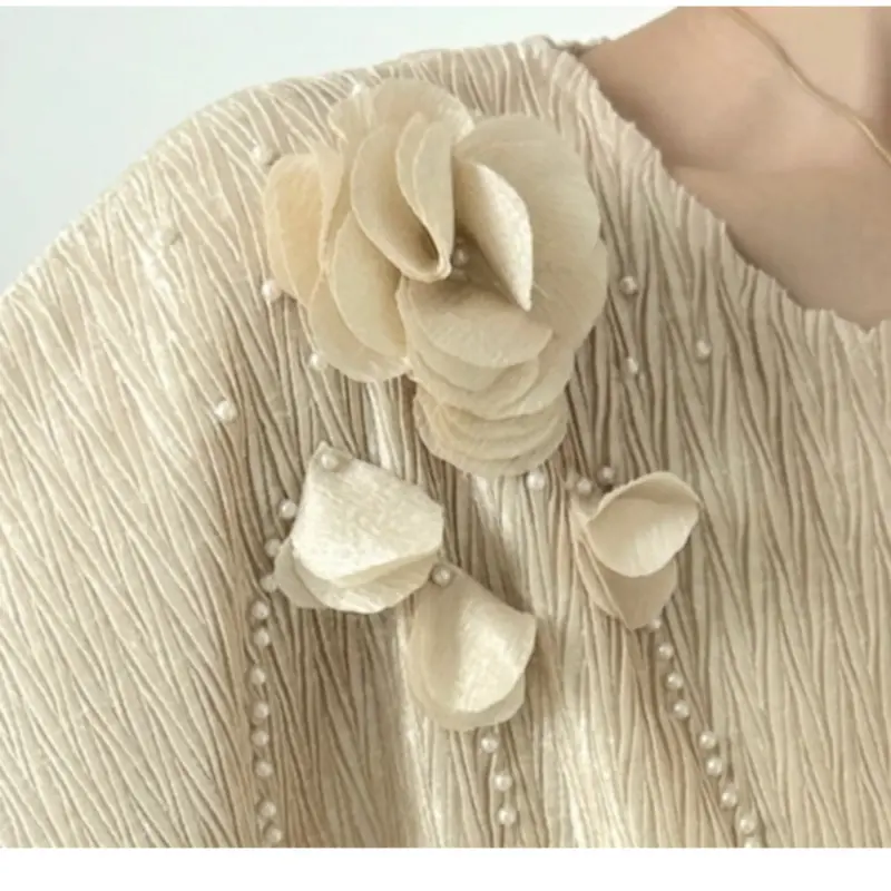 LANMREM Pleated Summer New High-End Embroidered Women's T-Shirt Beaded Short Sleeve Niche Ruffled Elegant Pullover Top 2DB3790