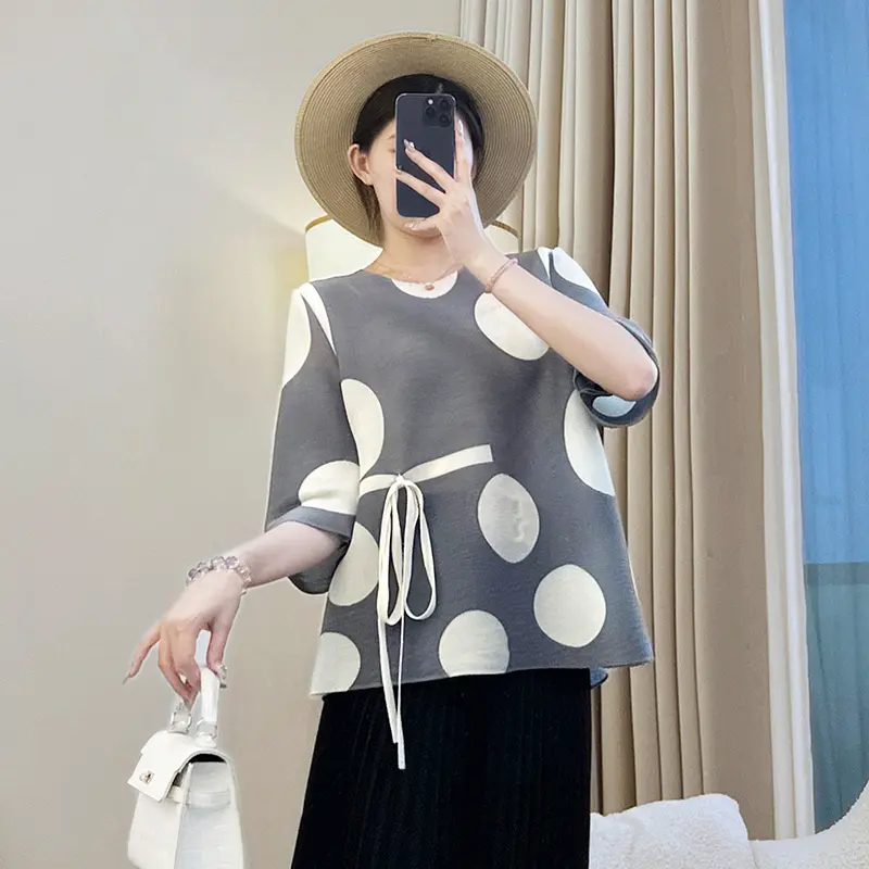 LANMREM Grey Niche Chic Dot Printting Women's T-shirts Bandage Design Round Collar Three Quarter Sleeve Pullover Tops 2DB3693