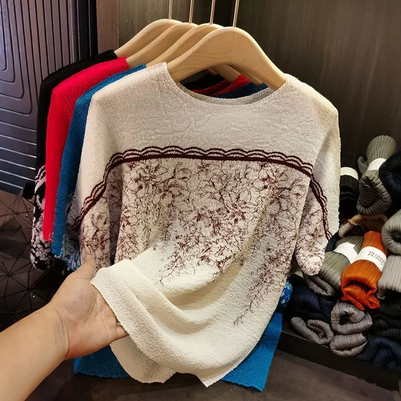LANMREM Soft High Elasticity Pleated Women's T-shirt Loose Casual Printed Top Loose Slim Chic Bat Sleeve Pullover Top 2DB3482