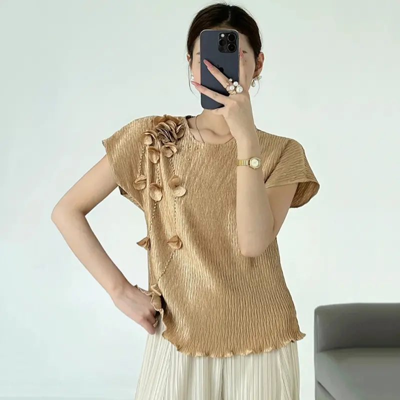 LANMREM Pleated Summer New High-End Embroidered Women's T-Shirt Beaded Short Sleeve Niche Ruffled Elegant Pullover Top 2DB3790