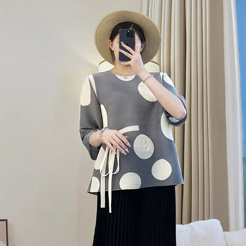 LANMREM Grey Niche Chic Dot Printting Women's T-shirts Bandage Design Round Collar Three Quarter Sleeve Pullover Tops 2DB3693