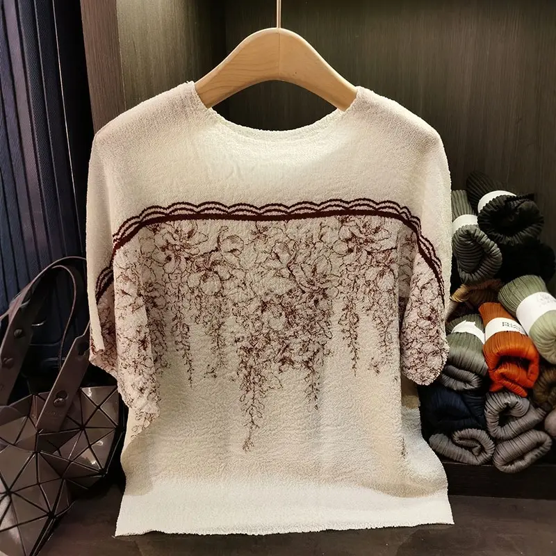 LANMREM Soft High Elasticity Pleated Women's T-shirt Loose Casual Printed Top Loose Slim Chic Bat Sleeve Pullover Top 2DB3482