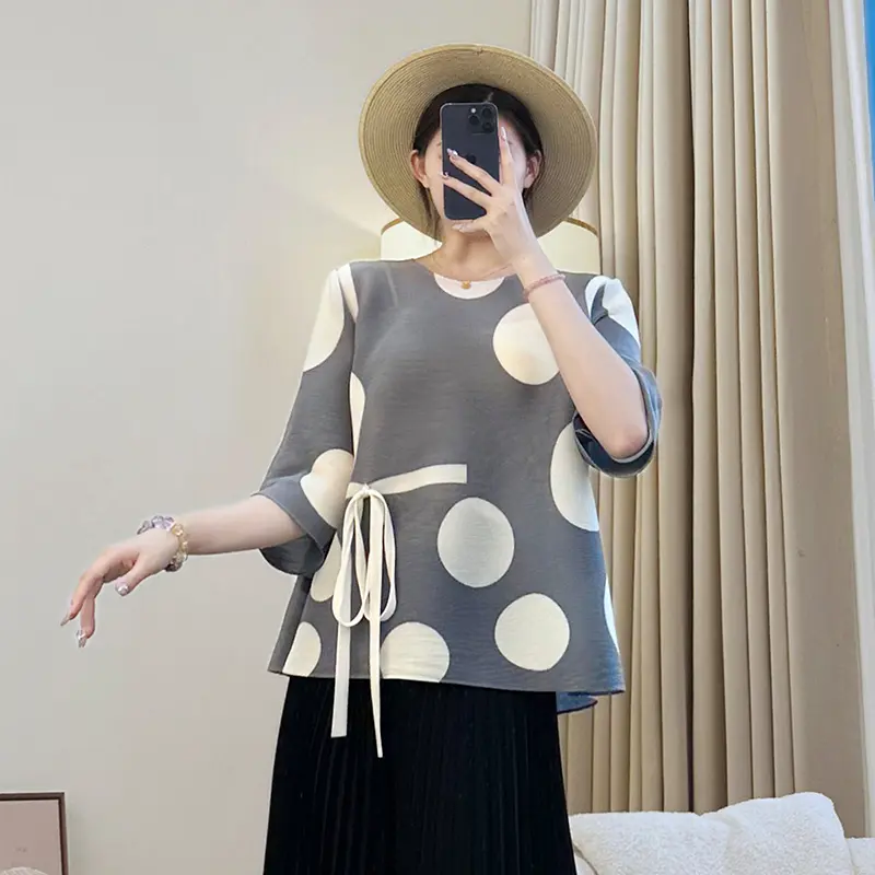 LANMREM Grey Niche Chic Dot Printting Women's T-shirts Bandage Design Round Collar Three Quarter Sleeve Pullover Tops 2DB3693