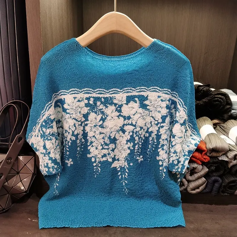 LANMREM Soft High Elasticity Pleated Women's T-shirt Loose Casual Printed Top Loose Slim Chic Bat Sleeve Pullover Top 2DB3482