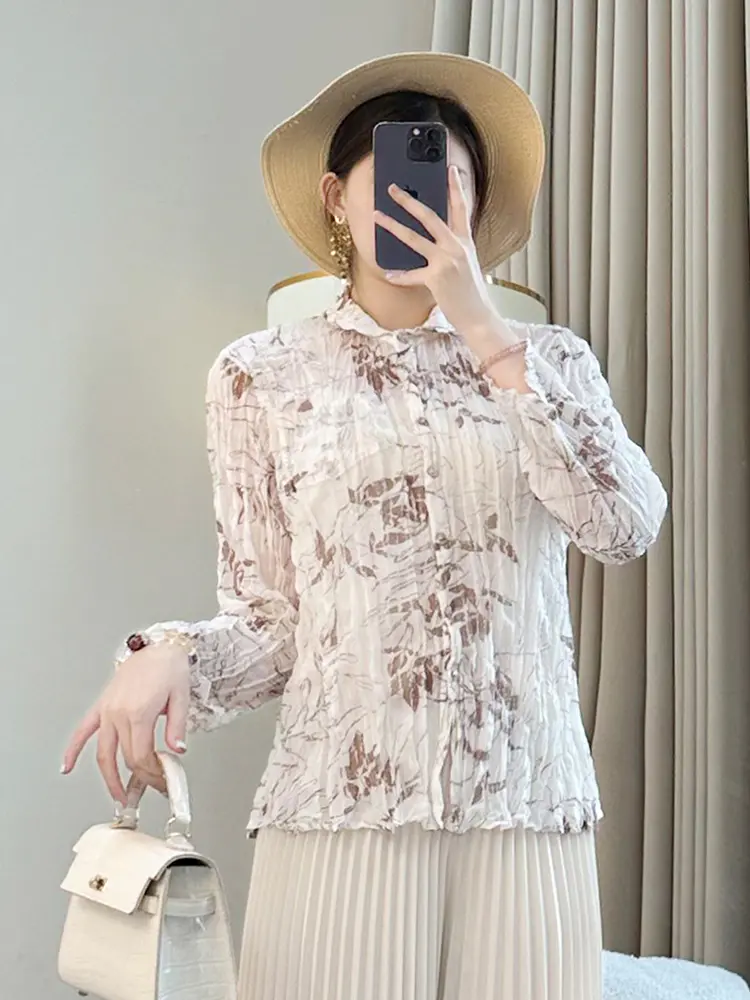 LANMREM Apricot Lightweight Summer Pleated Women's Shirt 2025 New High Elastic Slim Long Sleeve Print Laple Blouse Top 2DB3469