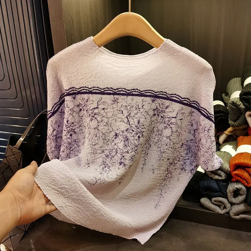 LANMREM Soft High Elasticity Pleated Women's T-shirt Loose Casual Printed Top Loose Slim Chic Bat Sleeve Pullover Top 2DB3482