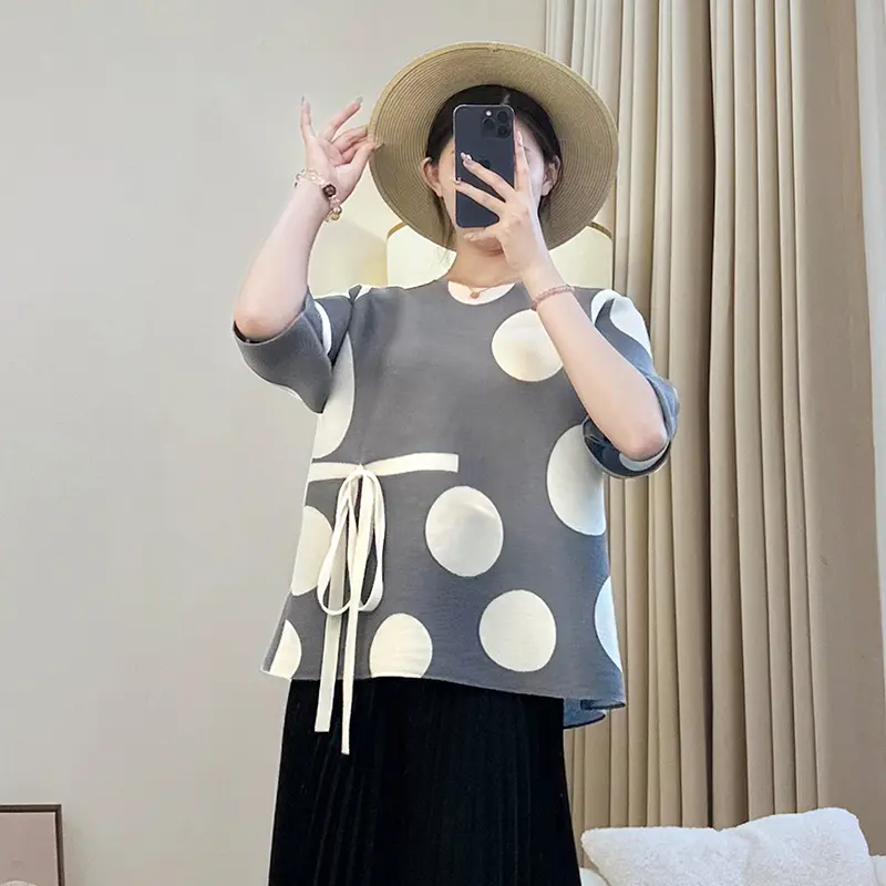 LANMREM Grey Niche Chic Dot Printting Women's T-shirts Bandage Design Round Collar Three Quarter Sleeve Pullover Tops 2DB3693