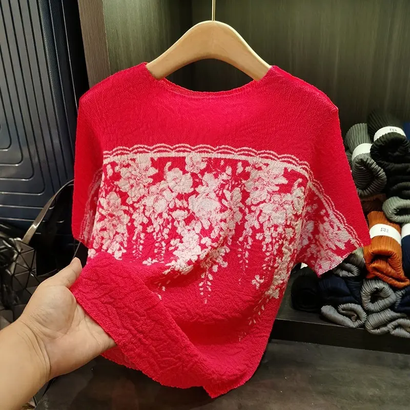 LANMREM Soft High Elasticity Pleated Women's T-shirt Loose Casual Printed Top Loose Slim Chic Bat Sleeve Pullover Top 2DB3482