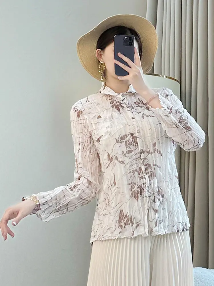 LANMREM Apricot Lightweight Summer Pleated Women's Shirt 2025 New High Elastic Slim Long Sleeve Print Laple Blouse Top 2DB3469