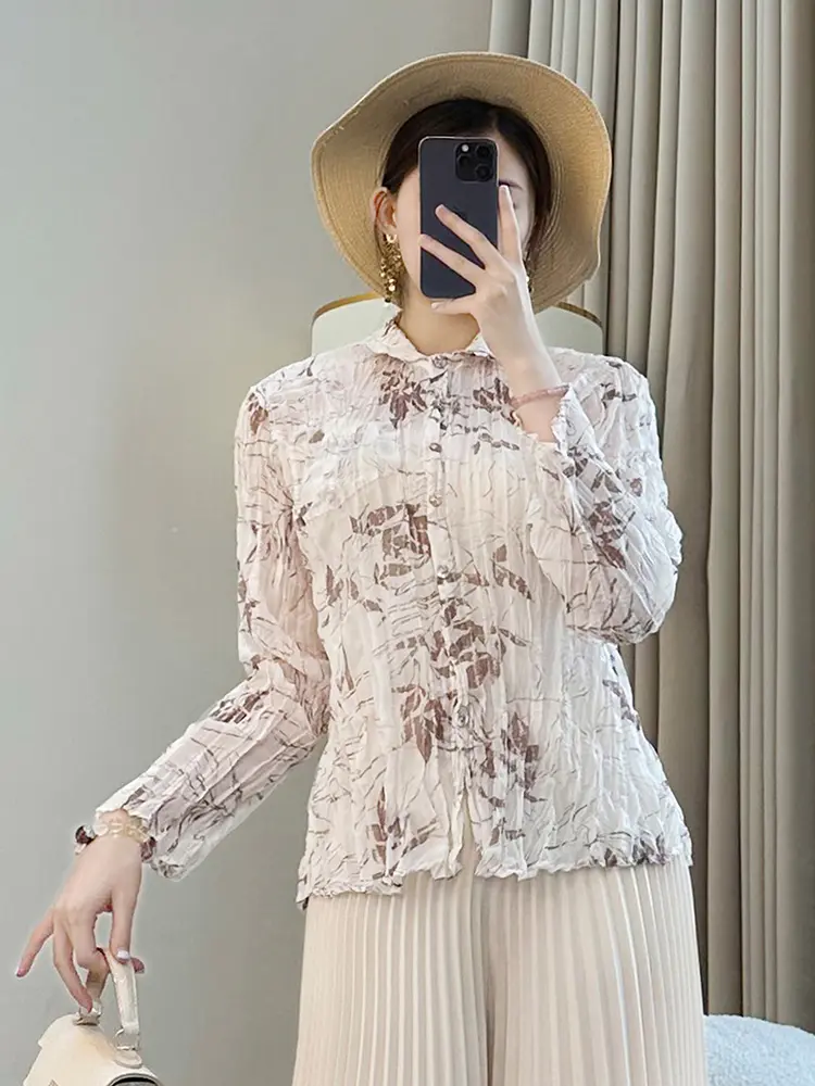 LANMREM Apricot Lightweight Summer Pleated Women's Shirt 2025 New High Elastic Slim Long Sleeve Print Laple Blouse Top 2DB3469