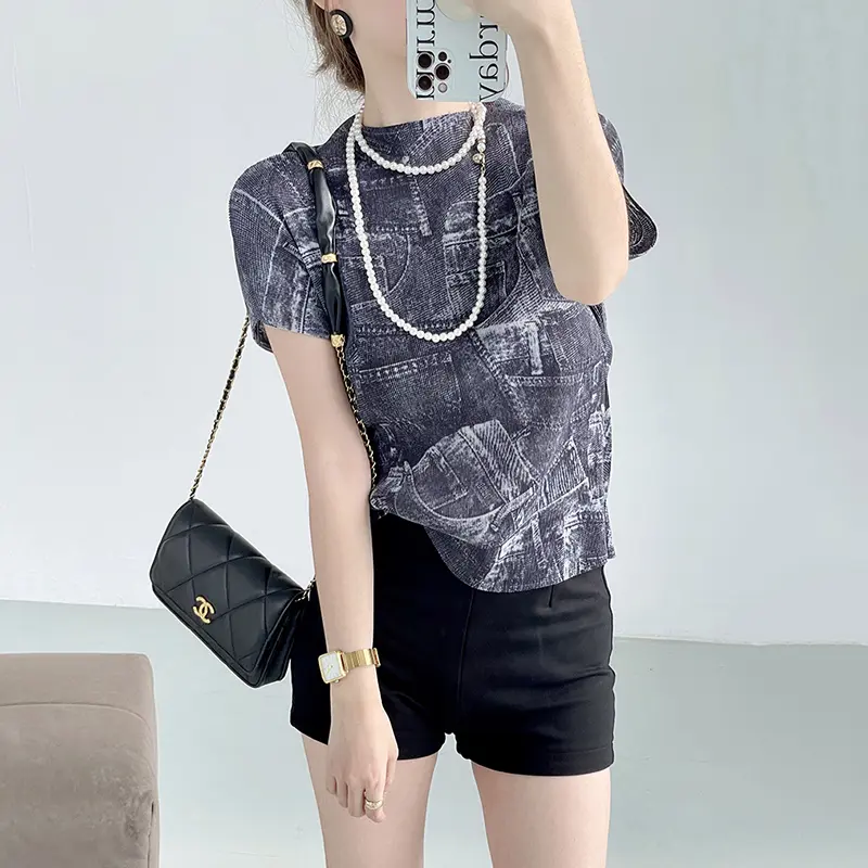LANMREM Summer New Fake Denim Print Patchwork Women's T-shirt Off-Shoulder Short Sleeve Niche Design Elastic Slim Top 2DB3631