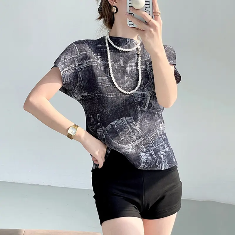 LANMREM Summer New Fake Denim Print Patchwork Women's T-shirt Off-Shoulder Short Sleeve Niche Design Elastic Slim Top 2DB3631