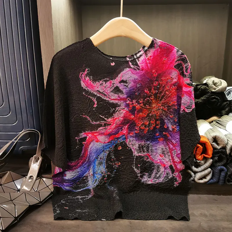 LANMREM Summer New High-Quality Printting Women's T-shirt Versatile Loose Elastic Round Neck Batwing Sleeve Pullover Top 2DB3736