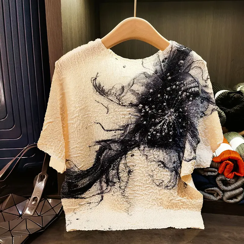 LANMREM Summer New High-Quality Printting Women's T-shirt Versatile Loose Elastic Round Neck Batwing Sleeve Pullover Top 2DB3736