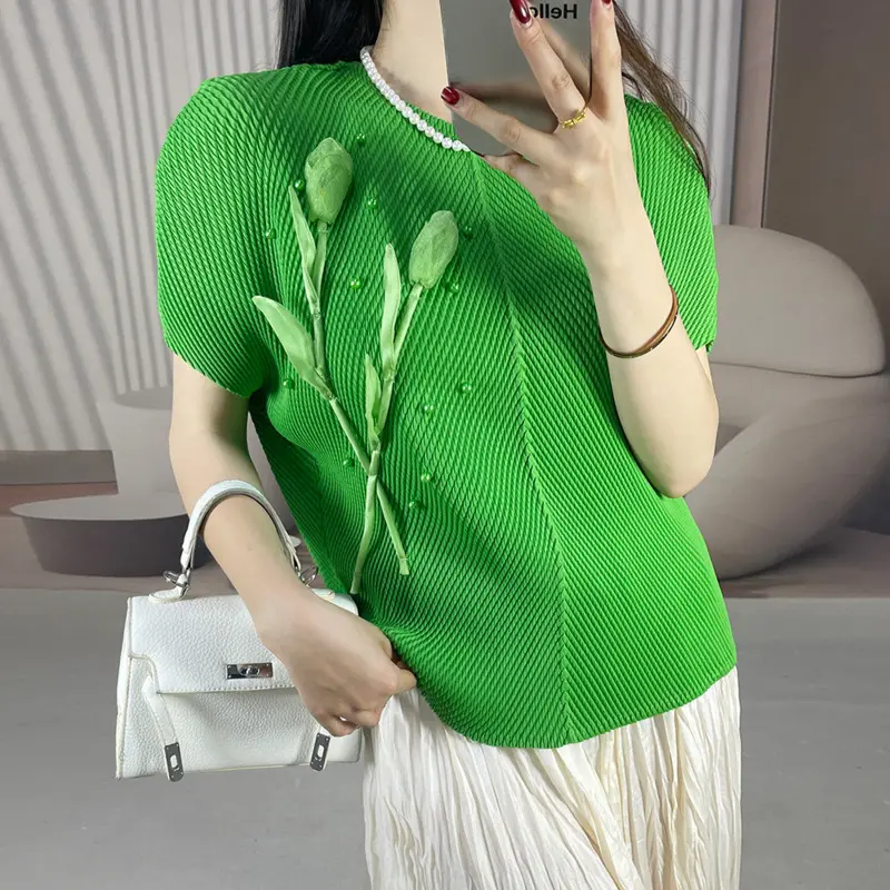 LANMREM Green High-End Dragon Scale Pleated Short Sleeve T-Shirt For Women 2025 New Niche Design Elastic Pullover Tops 2DB3637