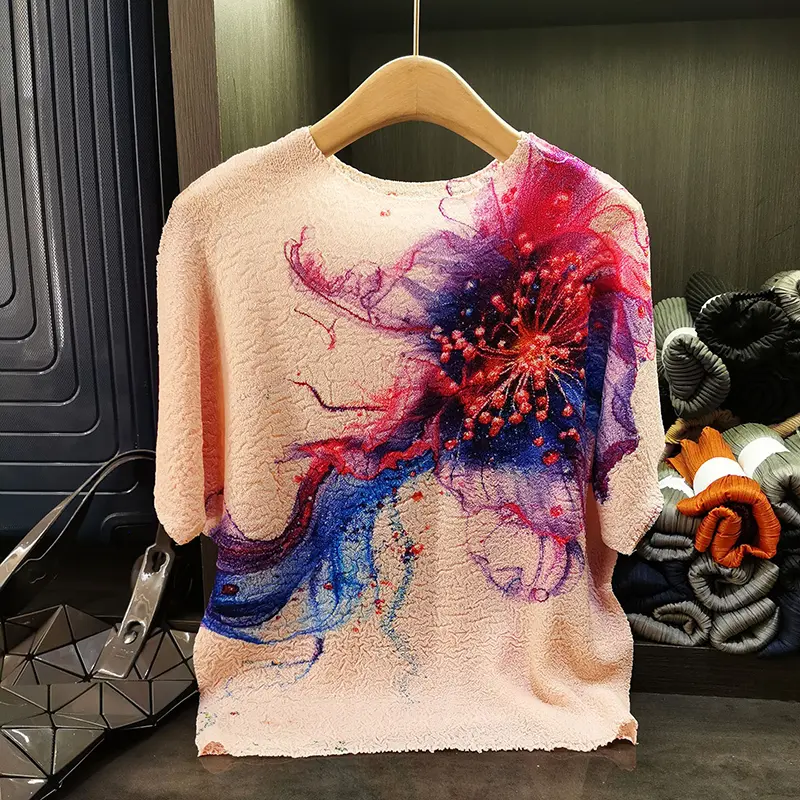 LANMREM Summer New High-Quality Printting Women's T-shirt Versatile Loose Elastic Round Neck Batwing Sleeve Pullover Top 2DB3736