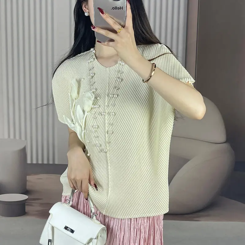 LANMREM Green High-End Dragon Scale Pleated Short Sleeve T-Shirt For Women 2025 New Niche Design Elastic Pullover Tops 2DB3637