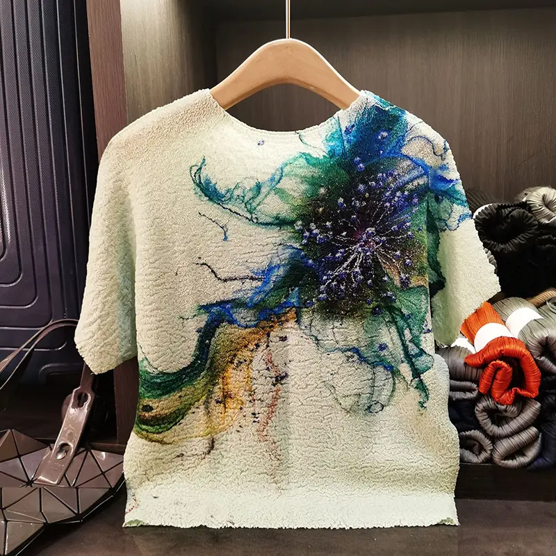 LANMREM Summer New High-Quality Printting Women's T-shirt Versatile Loose Elastic Round Neck Batwing Sleeve Pullover Top 2DB3736
