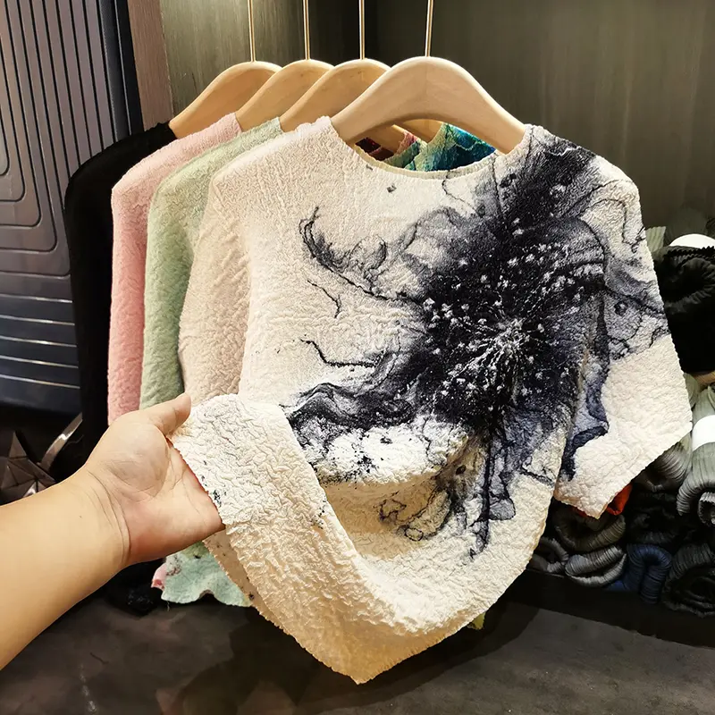 LANMREM Summer New High-Quality Printting Women's T-shirt Versatile Loose Elastic Round Neck Batwing Sleeve Pullover Top 2DB3736