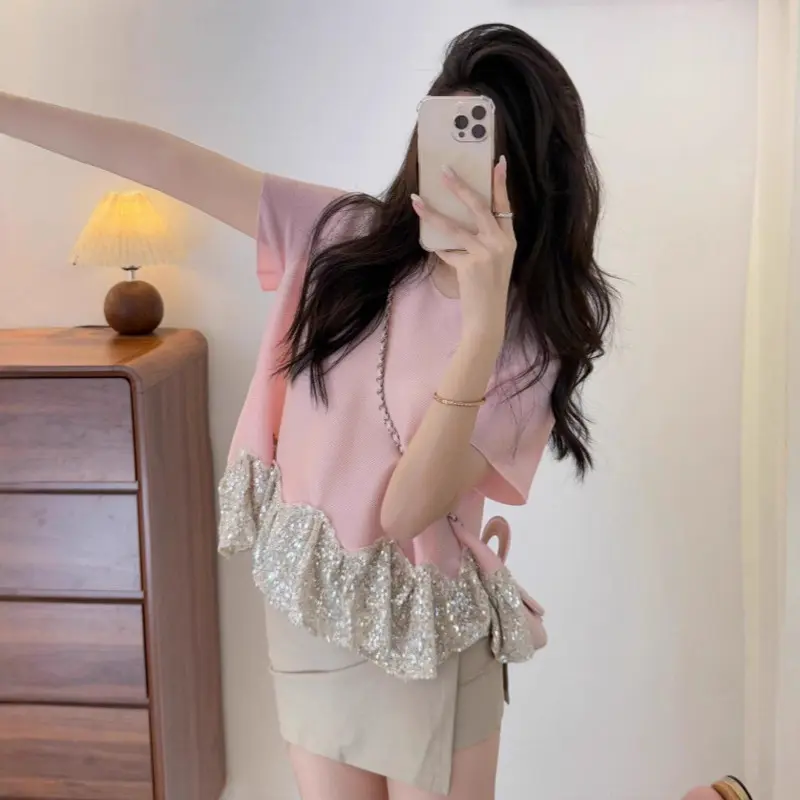 LANMREM Pleated Trendy Casual Women's T-shirt Summer Elastic Loose Sequin Splicing Hem Design Round Collar Pullover Tops 2DB4133