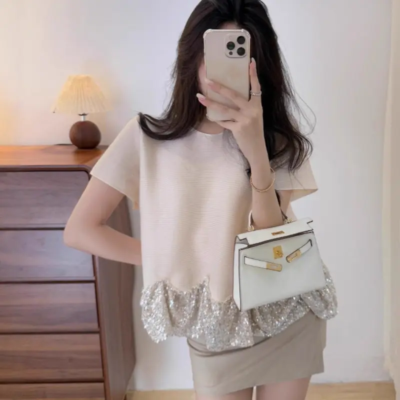 LANMREM Pleated Trendy Casual Women's T-shirt Summer Elastic Loose Sequin Splicing Hem Design Round Collar Pullover Tops 2DB4133