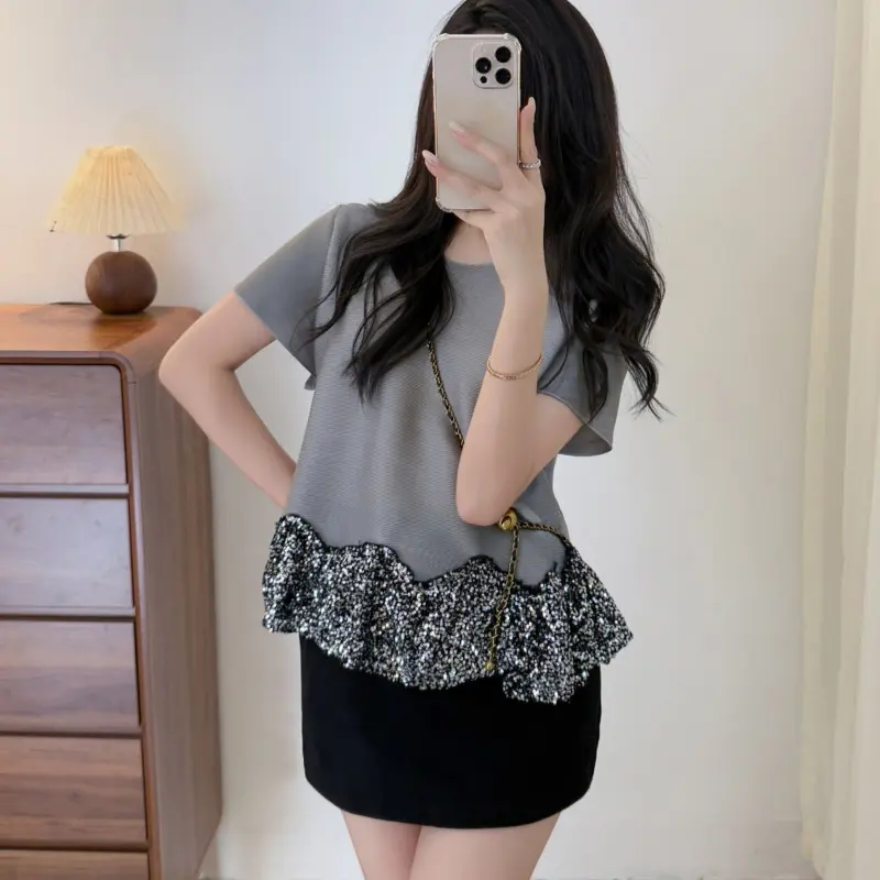 LANMREM Pleated Trendy Casual Women's T-shirt Summer Elastic Loose Sequin Splicing Hem Design Round Collar Pullover Tops 2DB4133