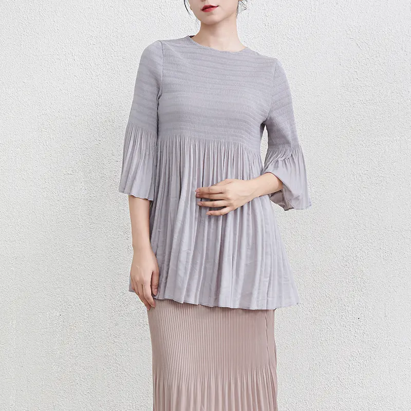 LANMREM Chic Breathable New Fashion Lantern Sleeve Pleated Women's T-shirt Elastic Slim Waist Mid-Length Pullover Top 2DB3859
