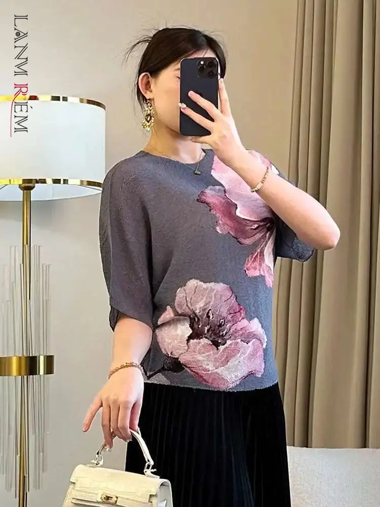LANMREM Women's Pleated T-shirt Round Neck Short Sleeve Printed Casual All-match Tops Female Fashion Tide Summer 2025 New 2DE488