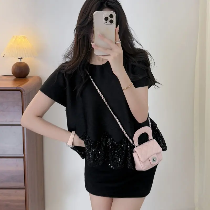 LANMREM Pleated Trendy Casual Women's T-shirt Summer Elastic Loose Sequin Splicing Hem Design Round Collar Pullover Tops 2DB4133