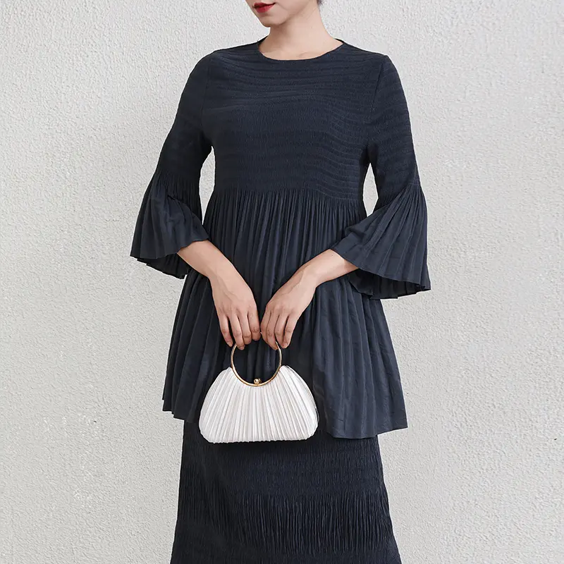 LANMREM Chic Breathable New Fashion Lantern Sleeve Pleated Women's T-shirt Elastic Slim Waist Mid-Length Pullover Top 2DB3859