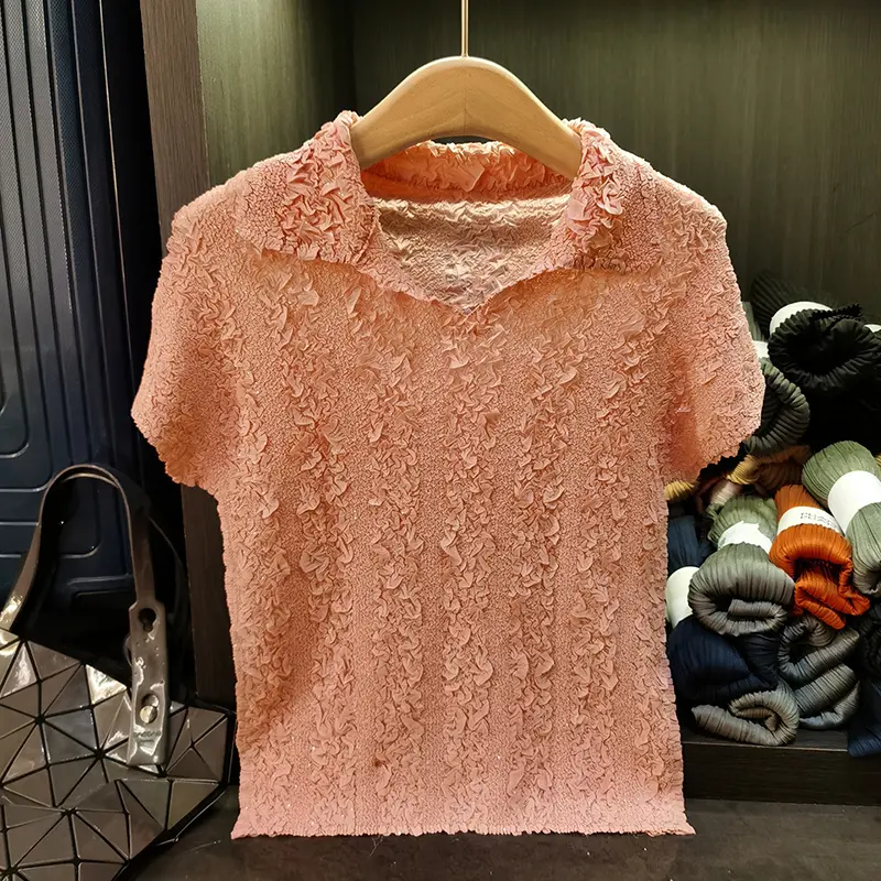 LANMREM Simple Pleated Turn Down Collar Short Sleeve Women's T-Shirt Summer New Versatile Elastic Slimming Pullover Top 2DB3680