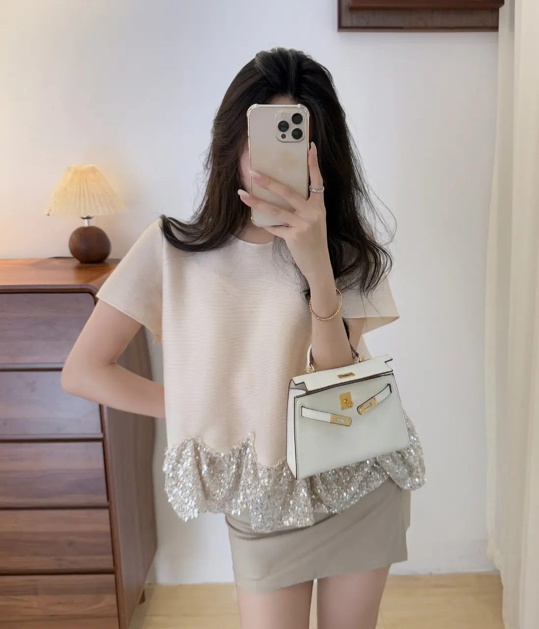 LANMREM Pleated Trendy Casual Women's T-shirt Summer Elastic Loose Sequin Splicing Hem Design Round Collar Pullover Tops 2DB4133