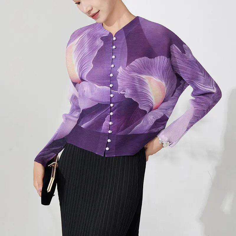 LANMREM High-End Purple Printting Women's Single Breasted T-shirt Batwing Sleeves Cardigan Short Top 2025 New Chic Tee 2DB3706