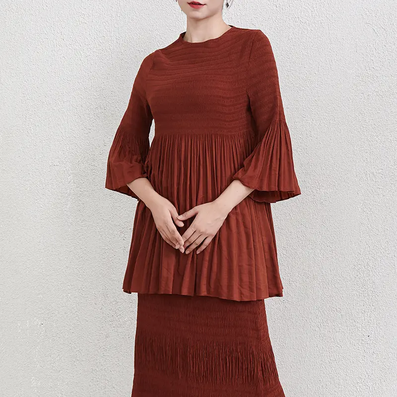 LANMREM Chic Breathable New Fashion Lantern Sleeve Pleated Women's T-shirt Elastic Slim Waist Mid-Length Pullover Top 2DB3859