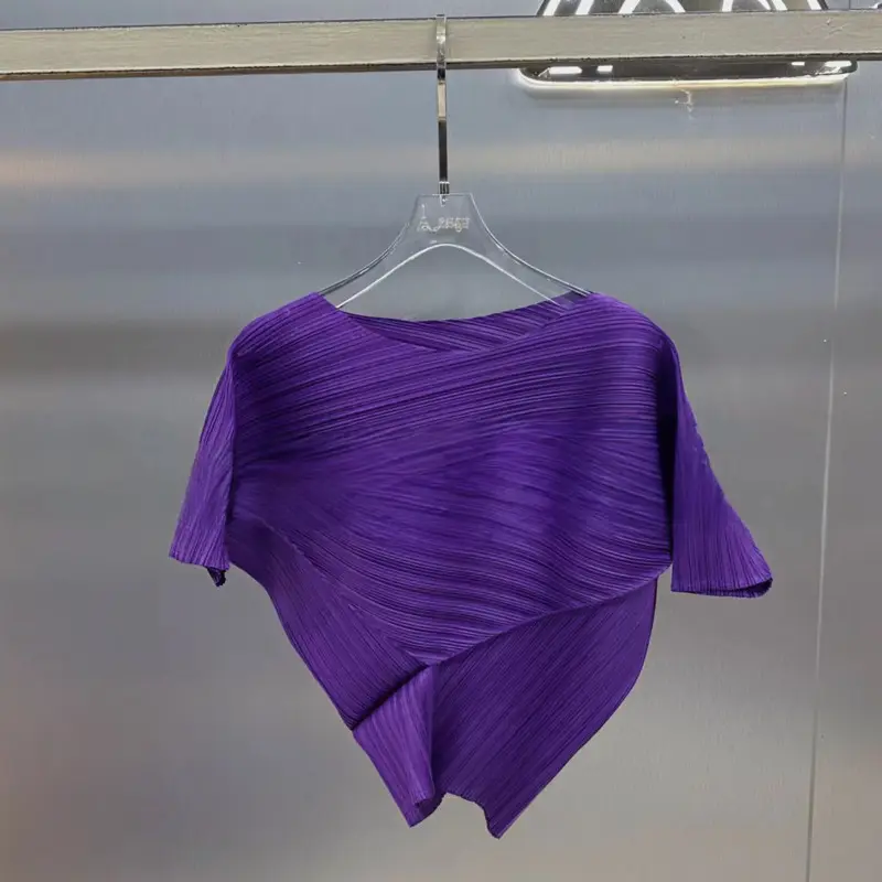 LANMREM Chic New Women's Pleated T-shirt Short Sleeve Waist-Cinching Three-Dimensional Irregular Triangle Design Tee Top 2DB3904