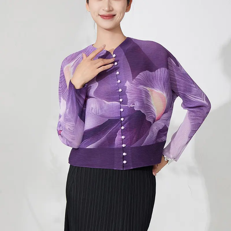 LANMREM High-End Purple Printting Women's Single Breasted T-shirt Batwing Sleeves Cardigan Short Top 2025 New Chic Tee 2DB3706