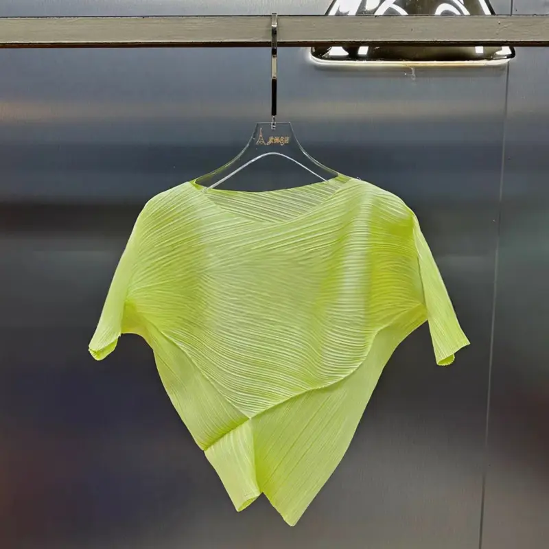 LANMREM Chic New Women's Pleated T-shirt Short Sleeve Waist-Cinching Three-Dimensional Irregular Triangle Design Tee Top 2DB3904