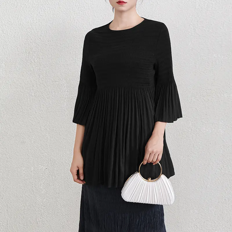 LANMREM Chic Breathable New Fashion Lantern Sleeve Pleated Women's T-shirt Elastic Slim Waist Mid-Length Pullover Top 2DB3859